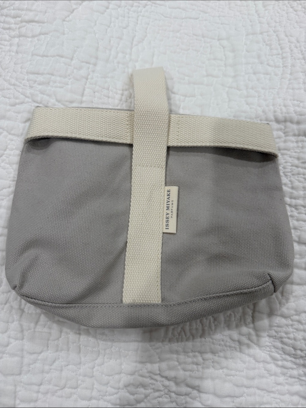 Issey Miyake Gray Canvas Cosmetic Pouch with Cream Strap 10x7 inches